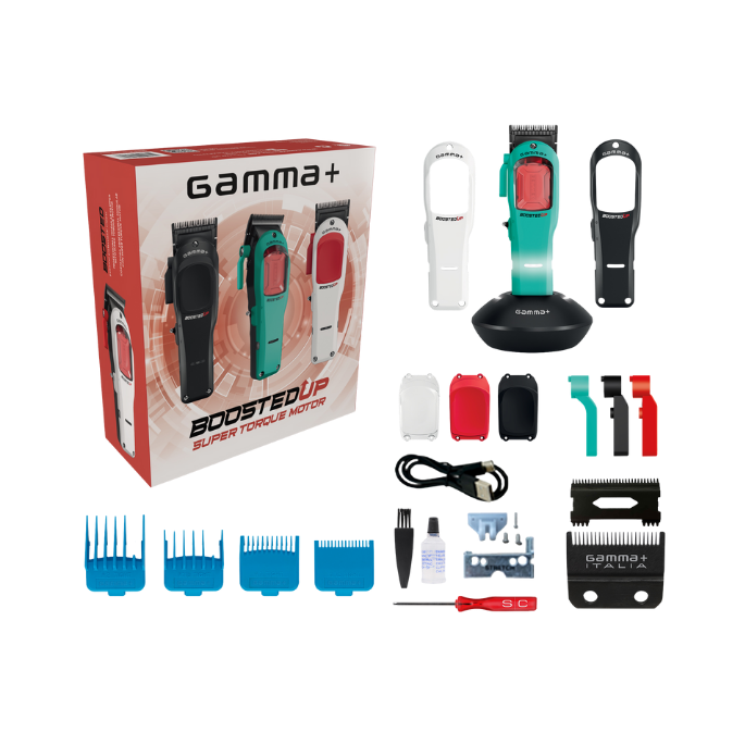 Hair trimmer set with packaging and accessories on a white background