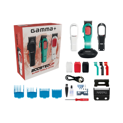 Hair trimmer set with packaging and accessories on a white background