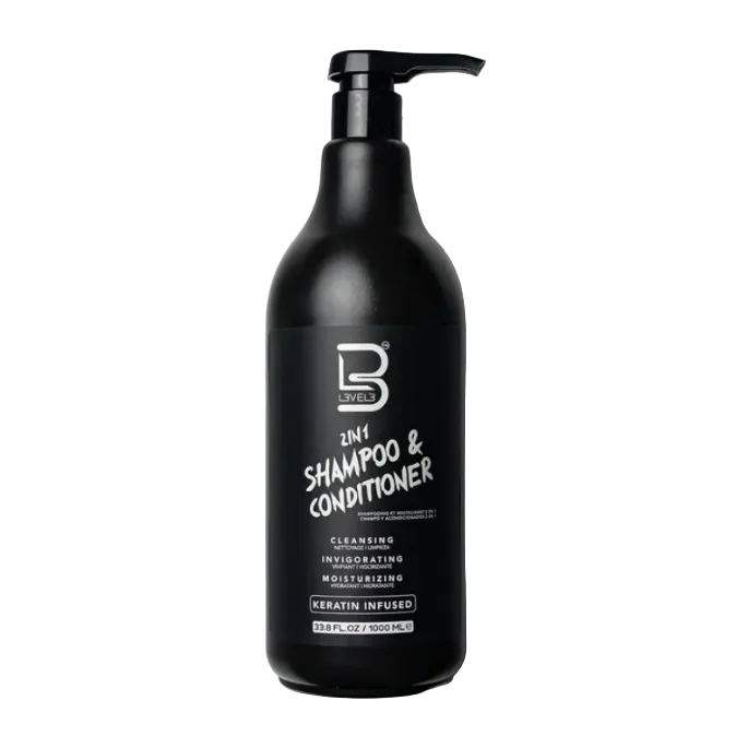 Black shampoo and conditioner bottle with pump on a light gray background
