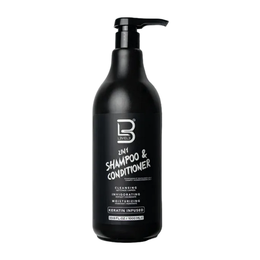 Black shampoo and conditioner bottle with pump on a light gray background