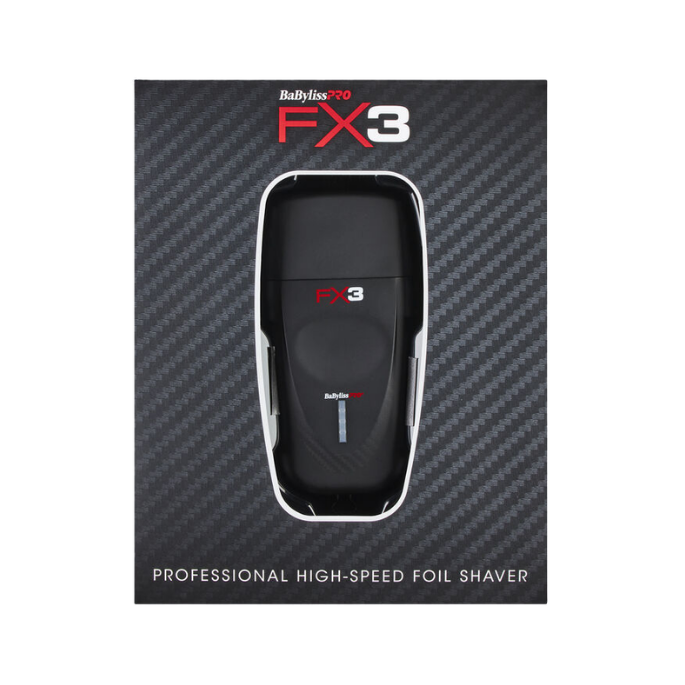 BaByliss Pro FX3 high-speed foil shaver packaging on a black carbon fiber patterned background