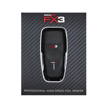 BaByliss Pro FX3 high-speed foil shaver packaging on a black carbon fiber patterned background
