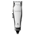 Silver electric hair clipper with reflective finish and ergonomic design.