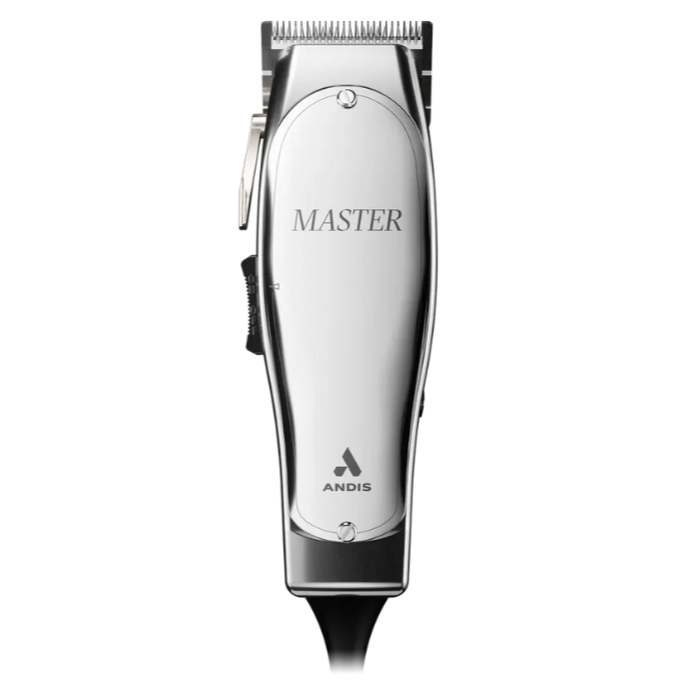 Silver electric hair clipper with reflective finish and ergonomic design.