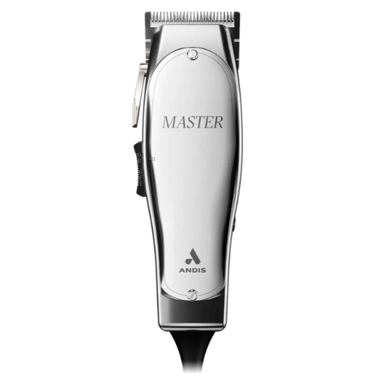 Silver electric hair clipper with reflective finish and ergonomic design.