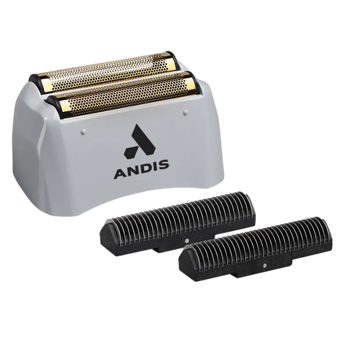 Shaver head with gold foil blades and two black replacement cutters.