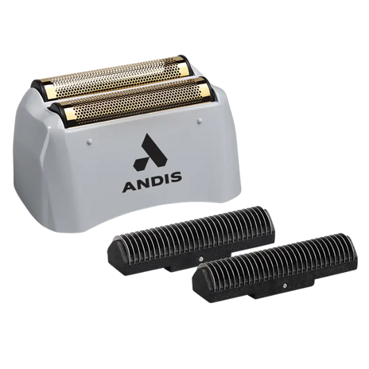 Shaver head with gold foil blades and two black replacement cutters.