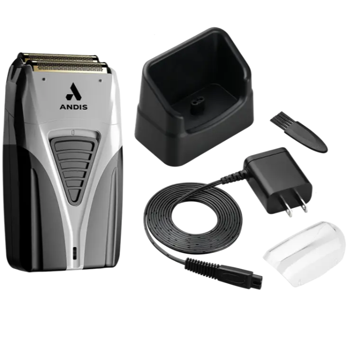 Electric shaver set with a shaver, charging stand, power adapter, cleaning brush, and protective cap.
