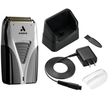 Electric shaver set with a shaver, charging stand, power adapter, cleaning brush, and protective cap.