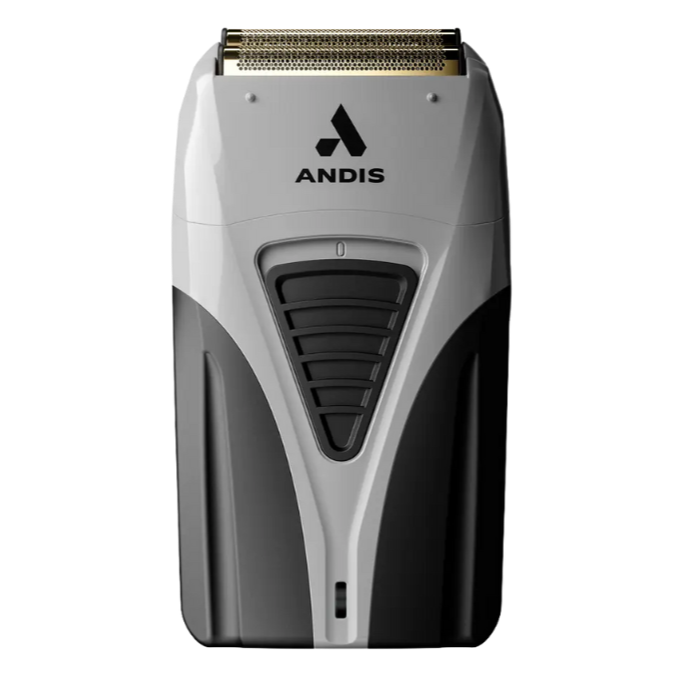 Electric shaver with gold foil head.