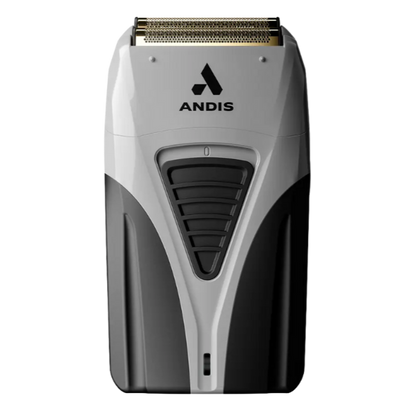 Electric shaver with gold foil head.
