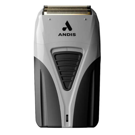 Electric shaver with gold foil head.