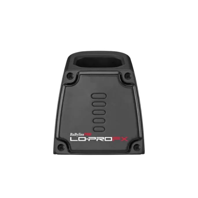 A black charging base for a BaBylissPro LoPro trimmer with the brand name printed on the front.