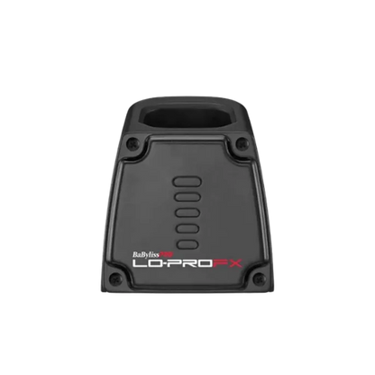 A black charging base for a BaBylissPro LoPro trimmer with the brand name printed on the front.