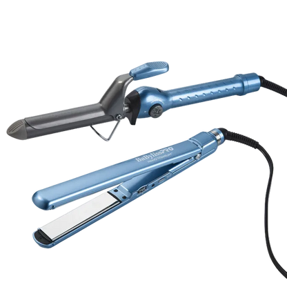 Blue hair straightener and curling iron on a white background