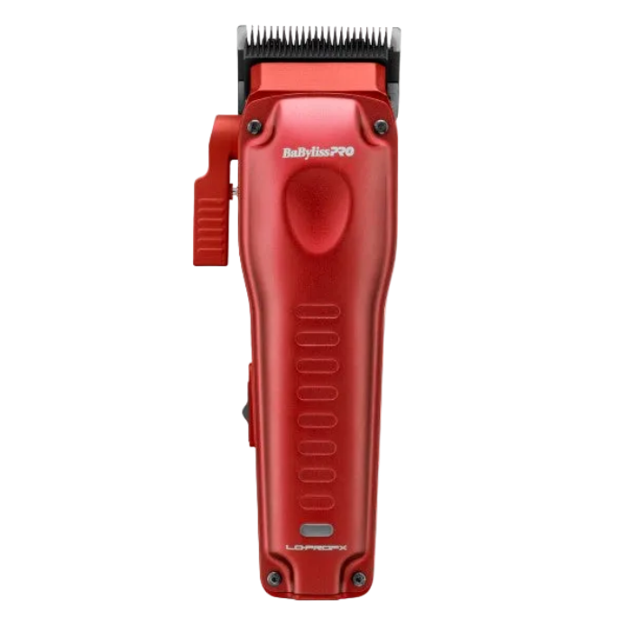 Red BaBylissPRO Lo-ProFX Compact Clipper FX82RD with exposed blade and side adjustment lever.