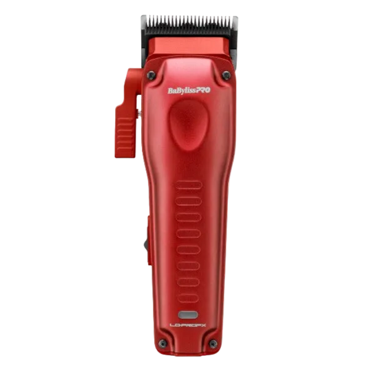Red BaBylissPRO Lo-ProFX Compact Clipper FX82RD with exposed blade and side adjustment lever.