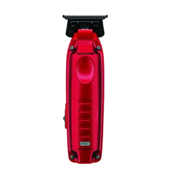 Red BaBylissPRO Lo-ProFX Compact Trimmer FX72RD with exposed black T-blade.