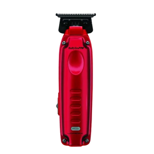 Red BaBylissPRO Lo-ProFX Compact Trimmer FX72RD with exposed black T-blade.