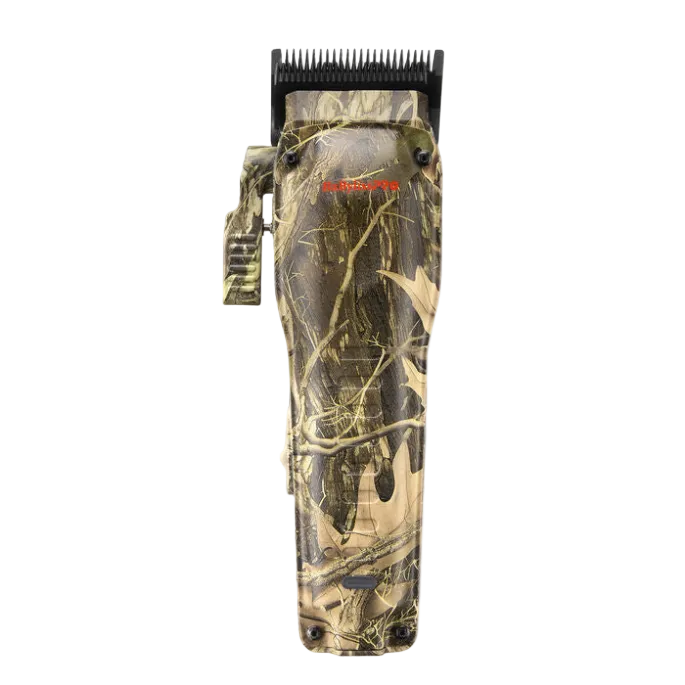 Camouflage-patterned hair trimmer on a white background