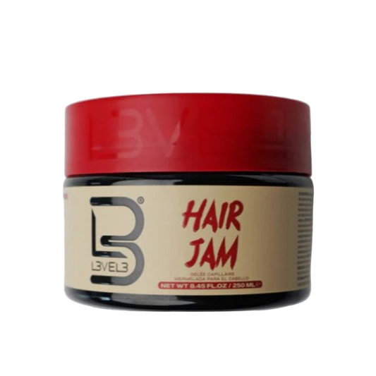 Jar of Level 3 Hair Jam with red lid on a white background