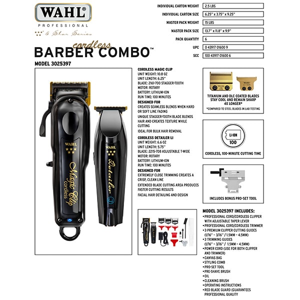 Wahl Cordless Barber Combo Black Magic Clip Clipper & Detailer Trimmer -  NEW 